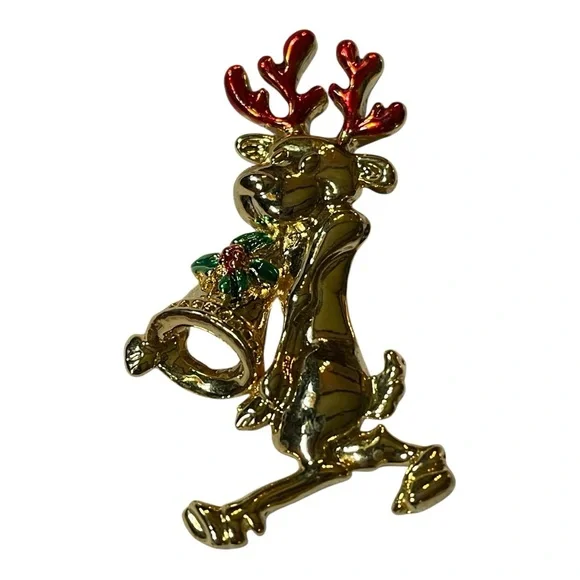 Festive Gold Reindeer Brooch with Red and Green Accents - Picture 4 of 7